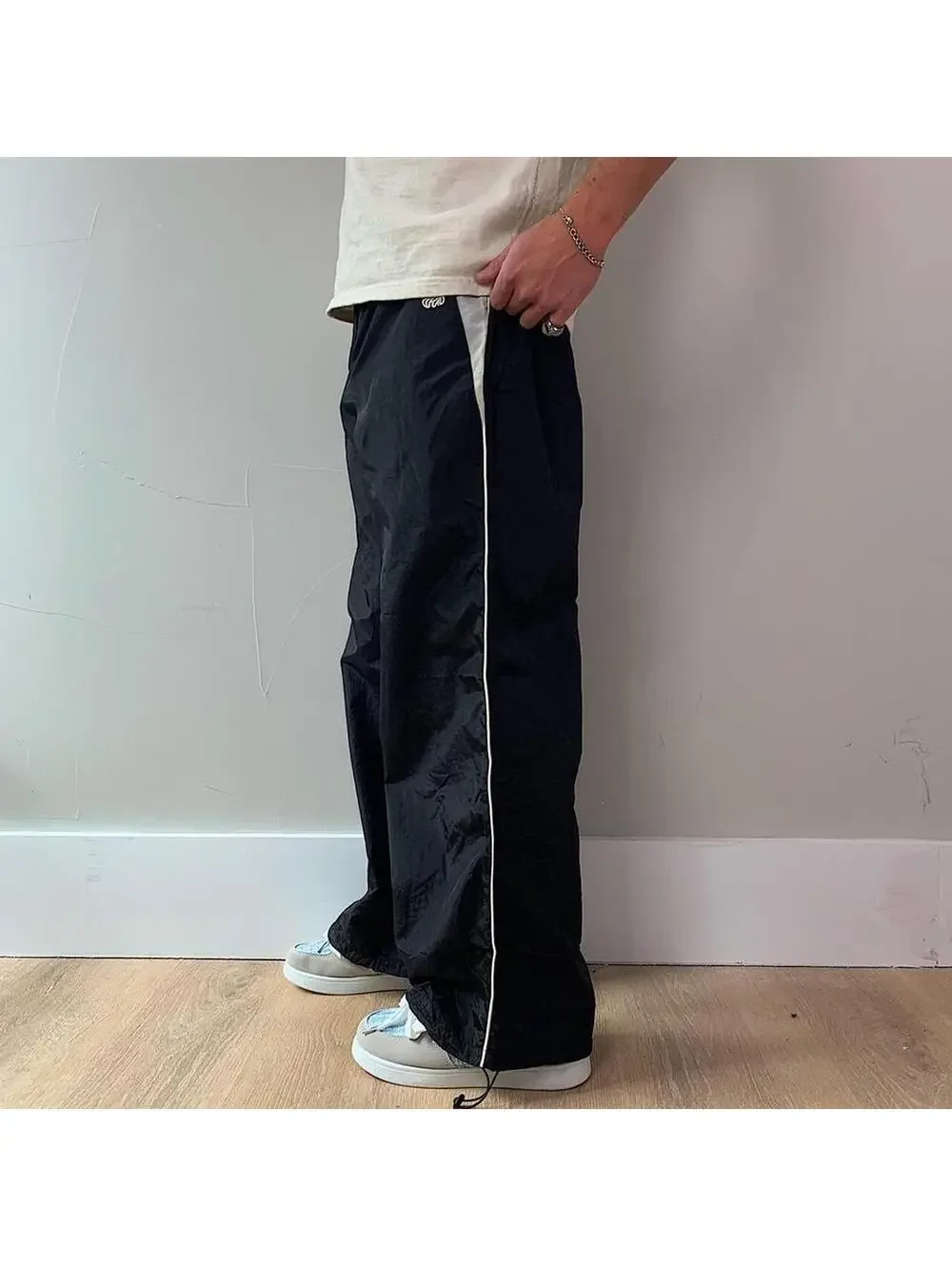 Y2k 2000s baggy loose lightweight striped black and white windbreaker pants